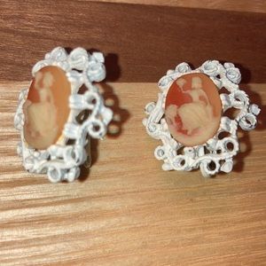 Victorian Vintage Cameo Clip on Earrings white Enamel Metal Setting